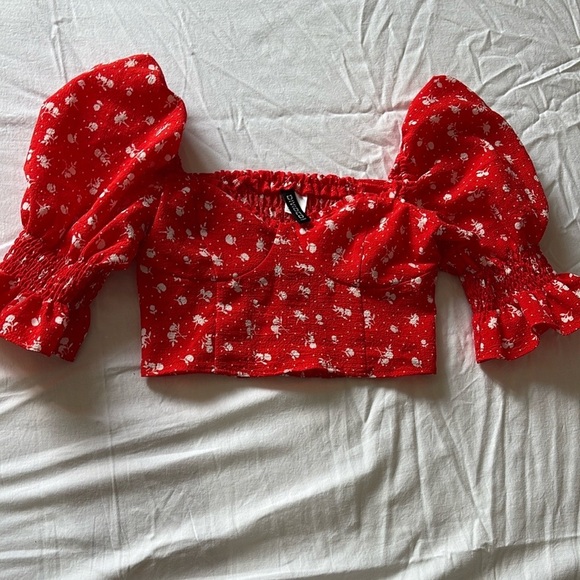H&M Divided Orange Floral Puff Sleeve Crop Top | Cottagecore Y2K Coquette - Picture 1 of 5